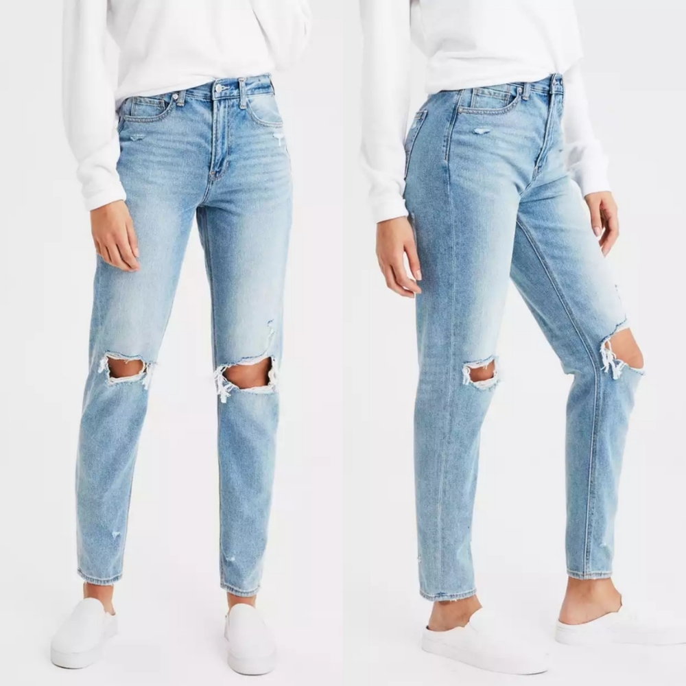 American Eagle Distressed Mom Jeans Destroyed Light Wash size 8 Regular